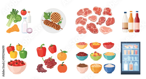 Collection of diverse food groups including fresh vegetables, raw meat, dairy, prepared dishes, and a stocked refrigerator unit.