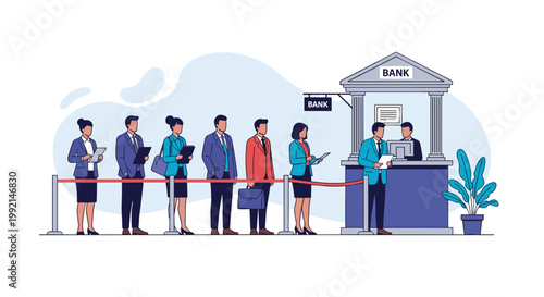 Group of diverse people standing in a queue at a bank teller counter behind a red security barrier rope in an office.