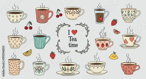 Charming collection of patterned tea cups with steam, accompanied by fruit icons and a central I love tea time badge.
