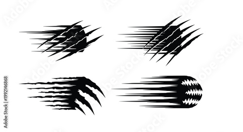Set of black claw scratch marks representing animal attacks or rapid motion streaks, isolated on a white background.