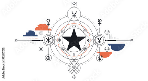 Complex alchemical diagram featuring a central black star surrounded by concentric circles lines and various esoteric symbols.