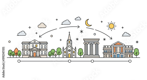 Linear city skyline illustration showing different architectural styles from classical columns to churches under a day to night sky.