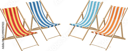 Beach Deck Chairs Collection with Striped Fabric Lounge Seats, Summer Relaxation Furniture for Vacation, Seaside отдыха, and Outdoor Leisure Illustration