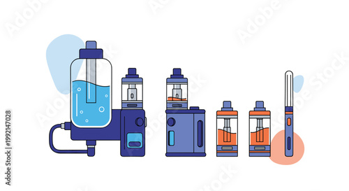 Collection of electronic cigarette components including vape mods tanks battery units and e-liquid bottles in a blue and orange theme.