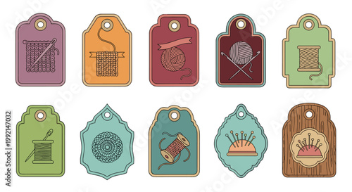 Decorative set of labels and tags for sewing and knitting crafts featuring yarn balls crochet hooks and thread spools in retro colors.