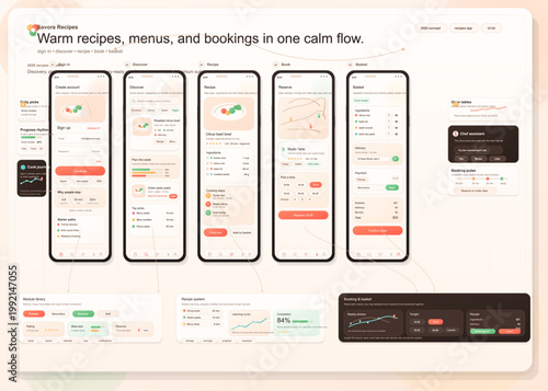 Recipe and booking smartphone app interface set with sign in, discovery, recipe, reservation, and basket screens in warm modern pastel tones