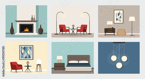Six interior design vignettes showing a fireplace sitting area bedroom workspace and lighting fixtures for home decor inspiration.