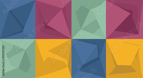 Abstract background consisting of eight colored squares with crystalline or folded paper textures in shades of blue pink green and yellow.