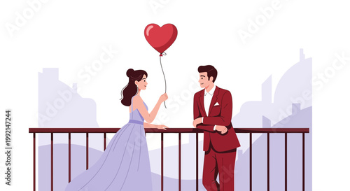 Couple Holding Red Heart Balloon on Balcony, Romantic Love Illustration