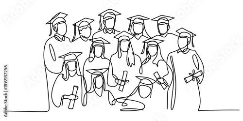 Continuous line drawing of a group of diverse students celebrating their graduation day. Vector, illustration