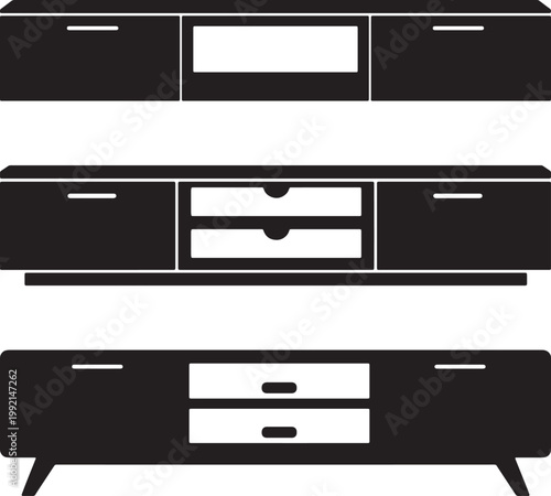 Modern tv stand cabinet set vector illustration, minimalist furniture console with drawers and storage design