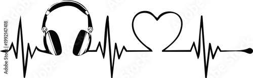 Headphones heartbeat ekg line vector illustration, an handdrawn engraving art style illustration