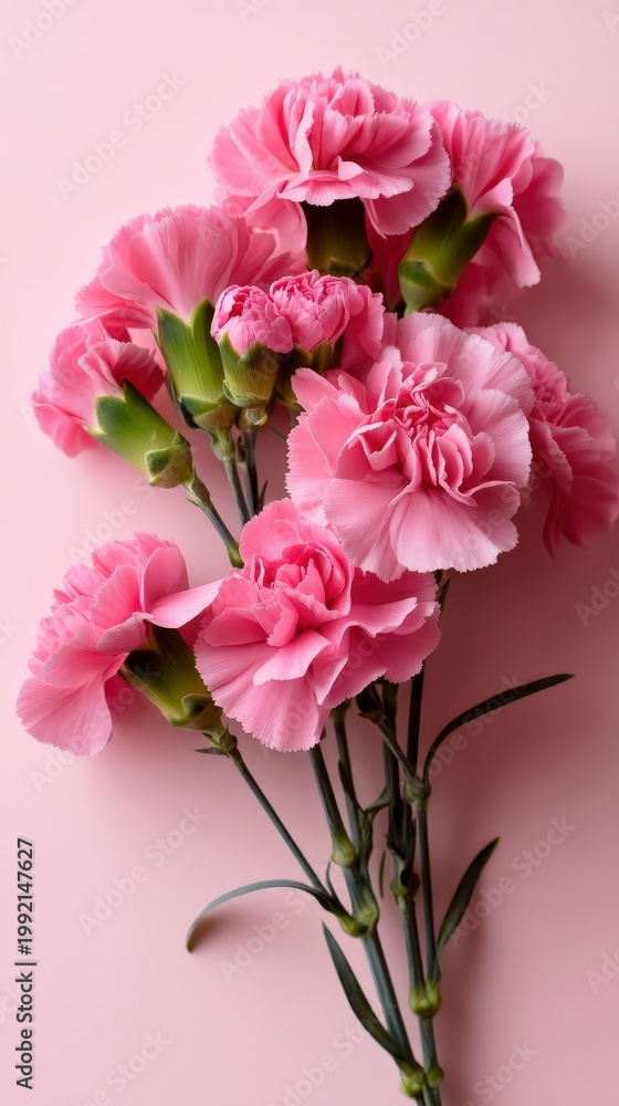 Obraz premium Pink carnation flowers are arranged on a pastel background with space for text. This setup fits a Mother's Day theme