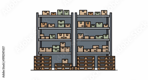 Warehouse shelves stacked high with various sized boxes on wooden pallets