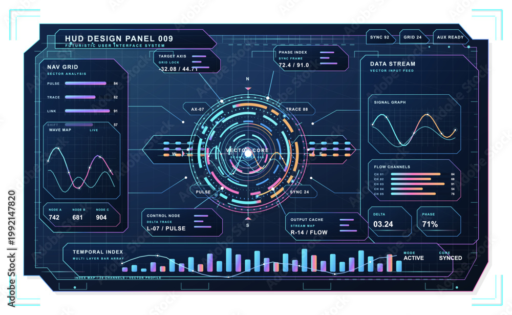 Fototapeta premium Futuristic neon HUD dashboard panel with circular radar interface, multicolor data charts, control widgets, and glowing sci-fi screen graphics.