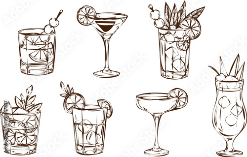 Set of hand drawn cocktails, vector illustration of various alcoholic drinks, an handdrawn engraving art style illustration