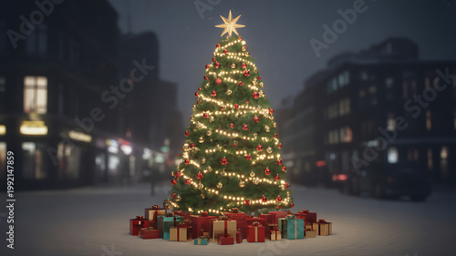 Christmas tree with presents on snowy city street at night