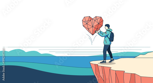 Man holding geometric heart on cliff edge overlooking ocean, abstract concept of love, journey, decision