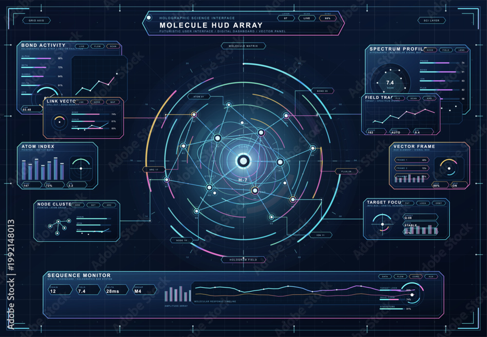 Obraz premium Futuristic molecular HUD dashboard with holographic science panels, neon orbital diagrams, analytics charts, and digital interface layout.