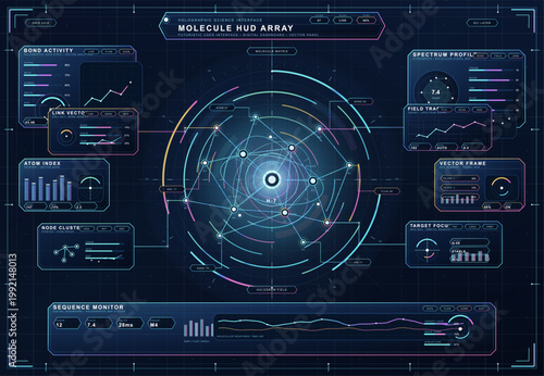 Futuristic molecular HUD dashboard with holographic science panels, neon orbital diagrams, analytics charts, and digital interface layout.