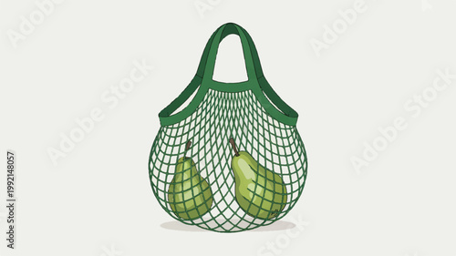 Green mesh bag with pears inside on neutral background