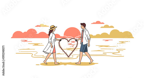 Couple Holding Heart Symbol on Beach at Sunset