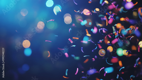 colorful confetti and bokeh lights on blue background for party decoration
