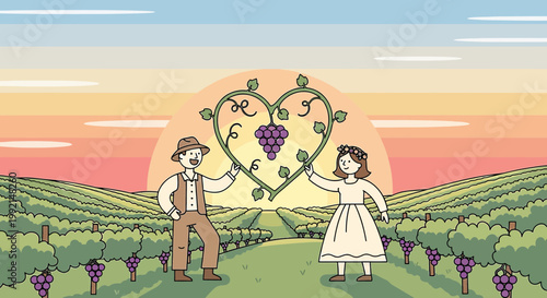 Couple Holding Heart Vine with Grapes at Sunset Vineyard