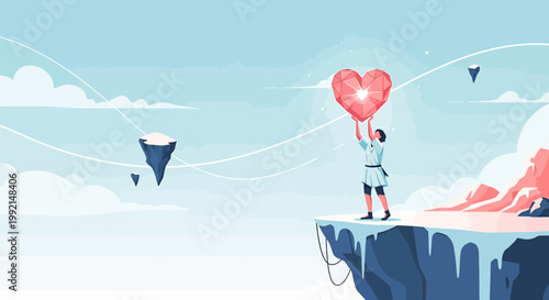 Man Holding Glowing Gem Heart on Floating Island, Surreal Dreamscape with Clouds and Mountains