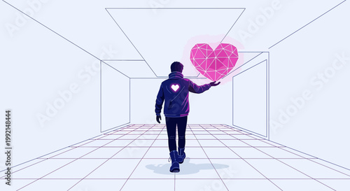 Man holding glowing geometric heart in futuristic corridor, digital love concept