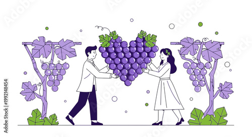 Couple Holding Heart-Shaped Grapes in Vineyard Illustration