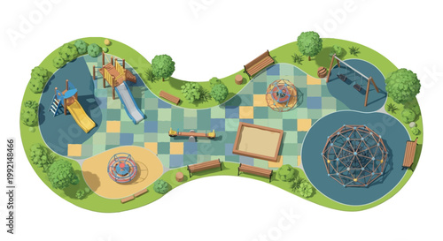 An aerial view of a colorful playground with various play equipment
