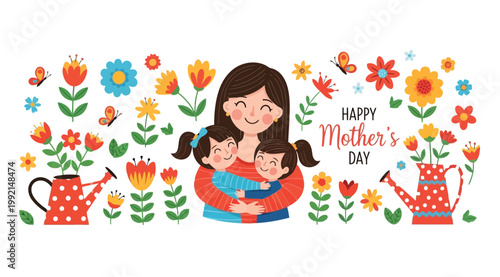 Happy mothers day greeting card with a mother hugging her two daughters surrounded by flowers and butterflies