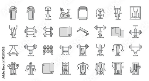 A collection of various gym equipment illustrations on a white background

