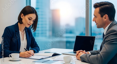 Professional business meeting between colleagues in modern office with city view