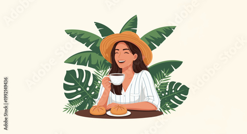 Woman with hat and coffee enjoys breakfast amidst lush green tropical leaves