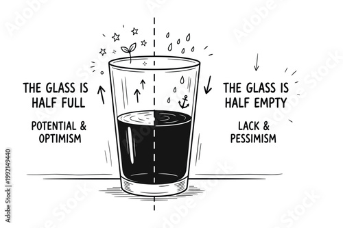 Glass half full or half empty concept representing optimism versus pessimism with potential and lack.