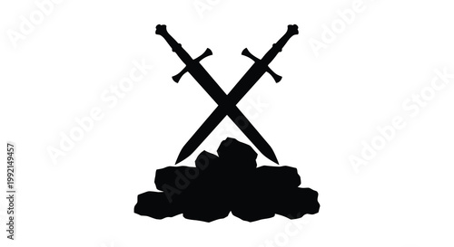 Crossed swords resting on a pile of coins a dark silhouette