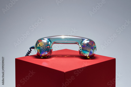Iridescent chrome telephone handset rests on a matte scarlet pedestal under sharp directional lighting that creates prismatic caustic reflections and high-contrast specular highlights.