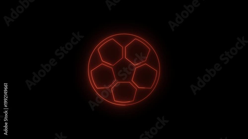 Glowing Neon Ball Motion Graphic, Glowing Pentagonal Football Icon Animation on Black Background, Sports Gaming Theme Loopable 4K Video for Football Fans and Soccer Promos.