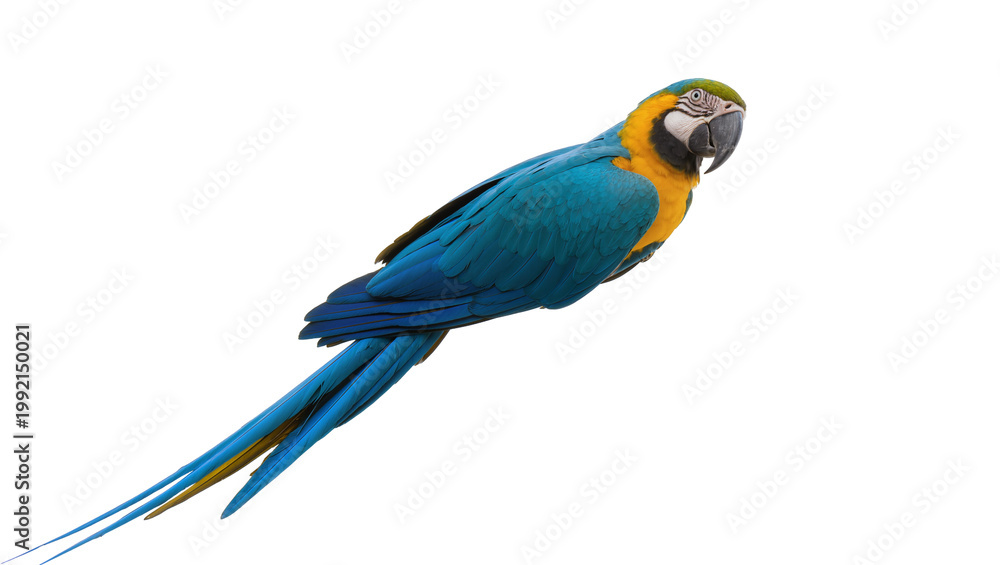 Fototapeta premium Isolated vibrant blue and yellow macaw parrot with striking colorful plumage and tropical beauty.