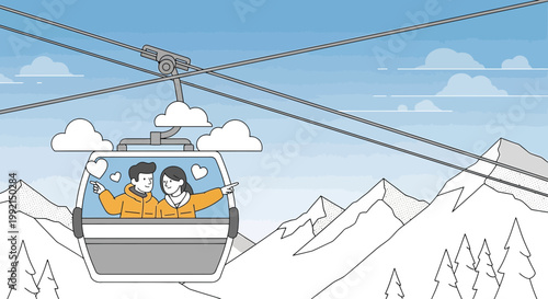 Couple in Cable Car, Romantic Winter Mountain View, Love and Togetherness