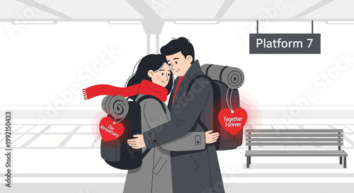 Couple Hugging at Train Station Platform 7, Romantic Travel, Together Forever