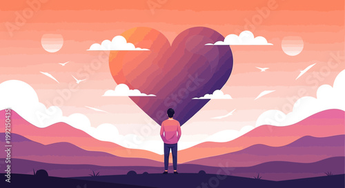 Man Gazing at Giant Geometric Heart in Surreal Mountain Landscape at Sunset