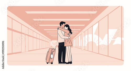 Couple Hugging in Airport Corridor with Luggage, Love and Reunion