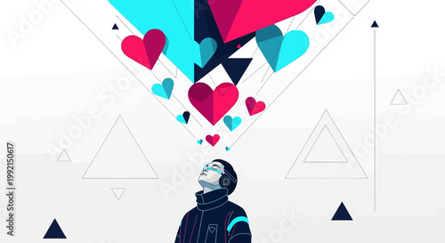 Man Gazing Up at Floating Geometric Hearts and Abstract Shapes