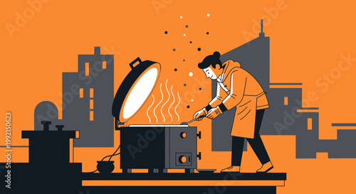 Man grilling on rooftop with city skyline background, urban lifestyle, outdoor cooking