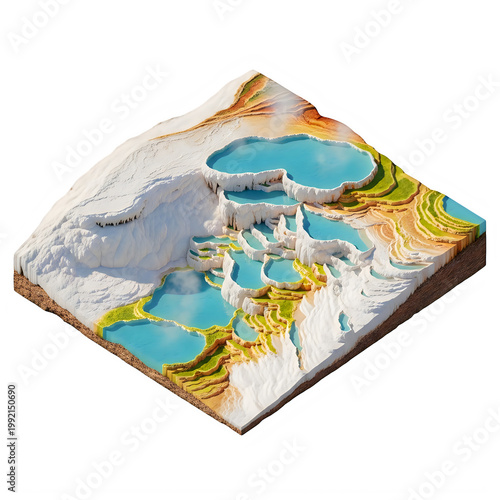 A close-up view of a stylized map with mountainous terrain and water bodies