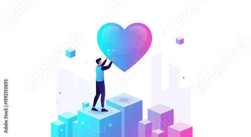 Man holding a digital heart with circuit board pattern, symbolizing technology and love