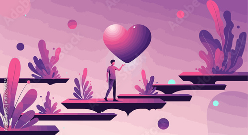 Man holding a glowing heart in a surreal, abstract landscape with floating platforms and vibrant plants.